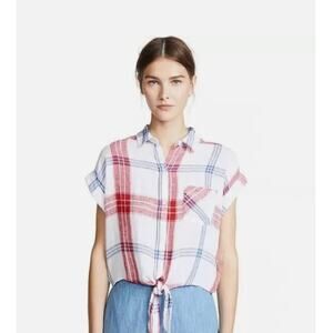 Rails Womens Linen Blend Top Size Large Red Blue Plaid Front Tie Button Front